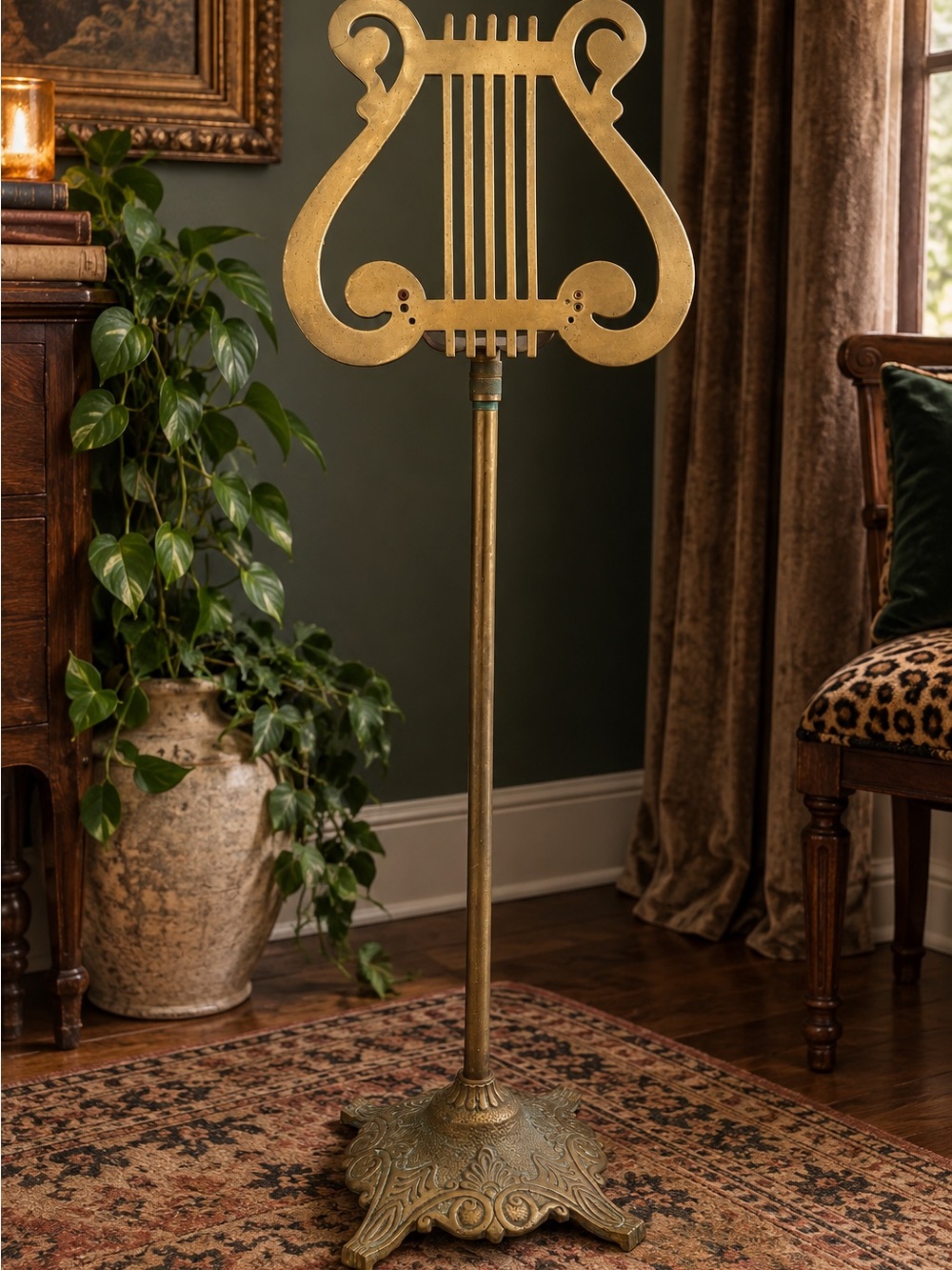 Vintage Brass Lyre Music Stand 34” Ornate Floor Lectern Hollywood Regency AS IS